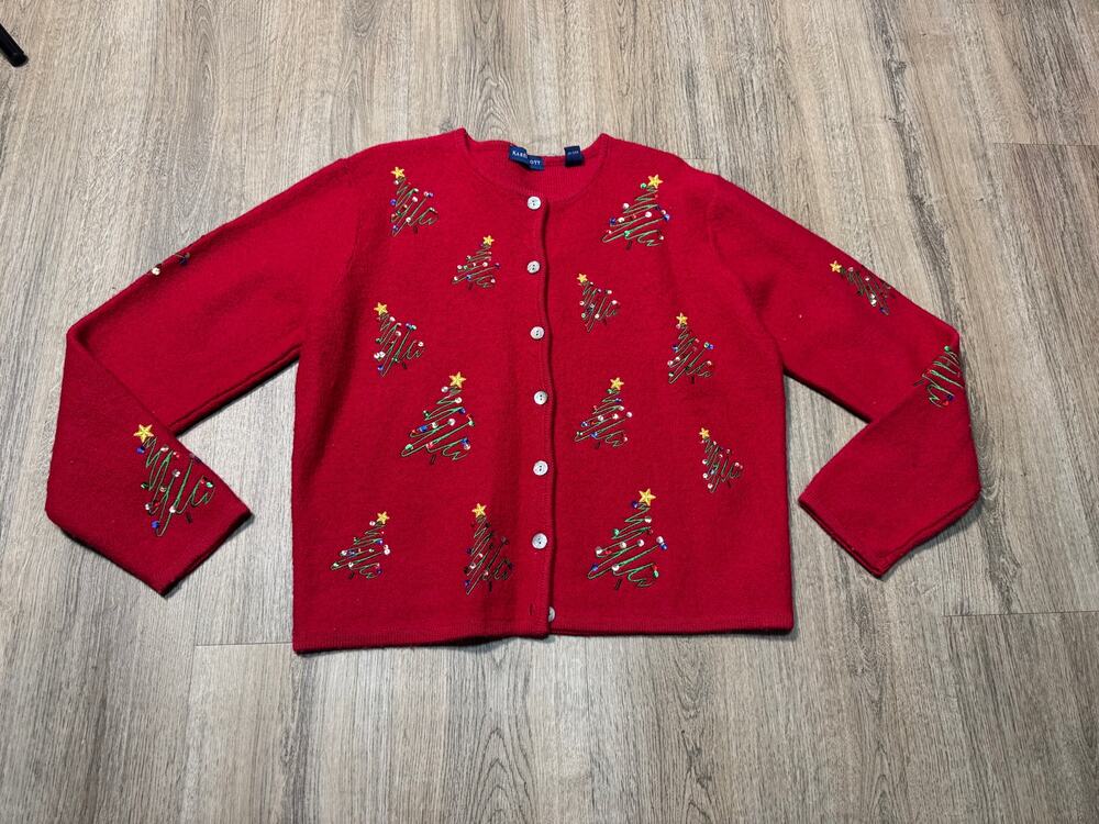 Karen Scott Women's Red Embellished Holiday Wool Cardigan Sweater